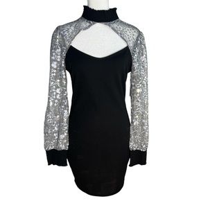 MAX + ASH Long lace sleeve Mock Neck front key hole Black Bodycon Dress
